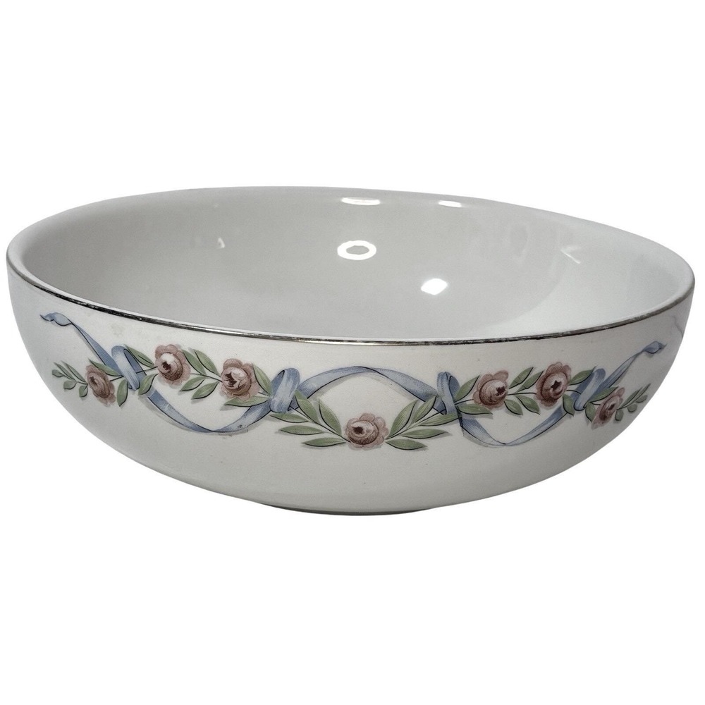 Vintage Halls Superior Quality Wildfire "9 Serving Bowl Blue Ribbon Pink Flowers